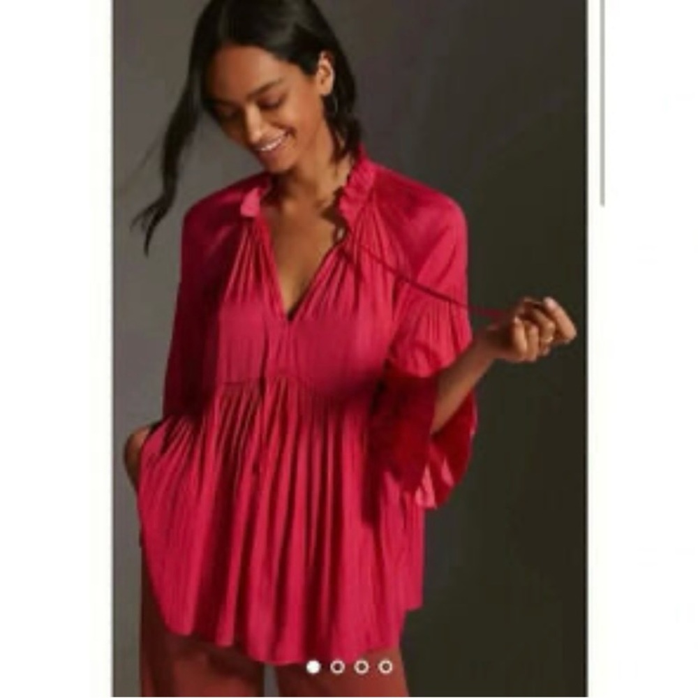 Anthropologie Womens Pink Chiffon Poly Pleated Ruffle V-Neck Tunic Blouse S